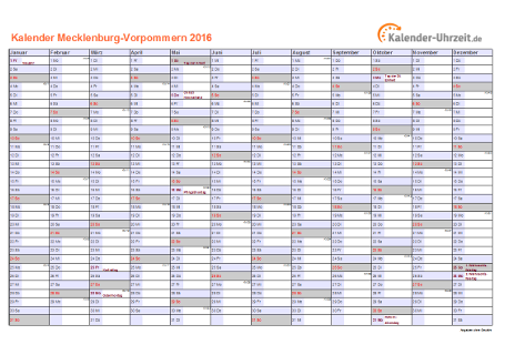 Meck.-Pomm. Kalender 2016 mit Feiertagen - quer-einseitig