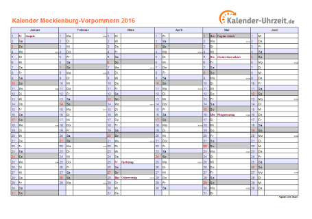 Meck.-Pomm. Kalender 2016 mit Feiertagen - quer-zweiseitig