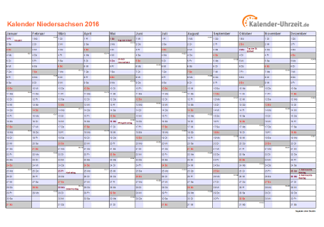 Niedersachsen Kalender 2016 mit Feiertagen - quer-einseitig