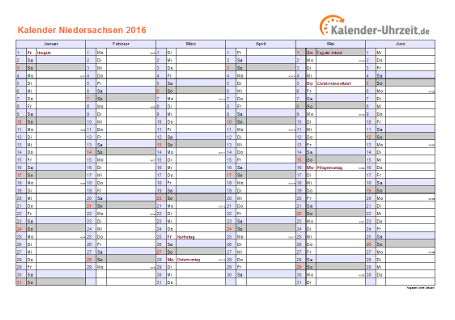Niedersachsen Kalender 2016 mit Feiertagen - quer-zweiseitig