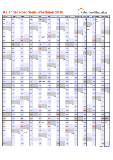 Nordrhein-Westfalen Kalender 2016 mit Feiertagen - hoch-einseitig