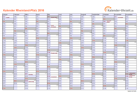 Rheinland-Pfalz Kalender 2016 mit Feiertagen - quer-einseitig