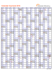 Saarland Kalender 2016 mit Feiertagen - hoch-einseitig