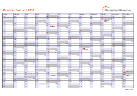 Saarland Kalender 2016 mit Feiertagen - quer-einseitig
