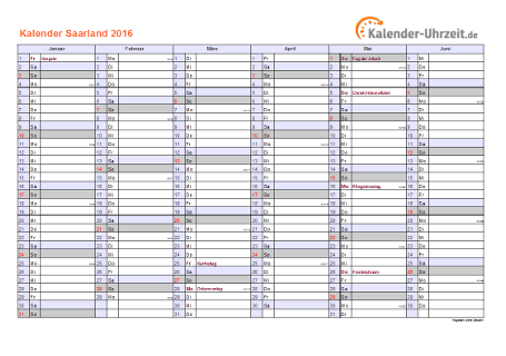 Saarland Kalender 2016 mit Feiertagen - quer-zweiseitig