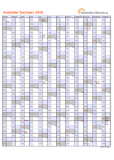 Sachsen Kalender 2016 mit Feiertagen - hoch-einseitig