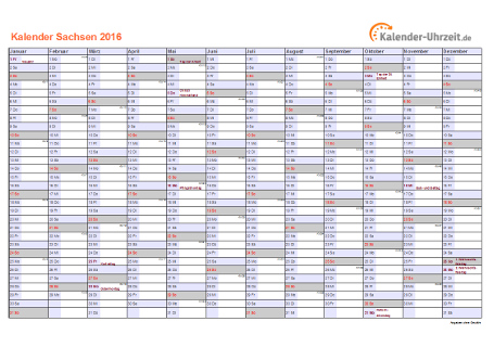 Sachsen Kalender 2016 mit Feiertagen - quer-einseitig