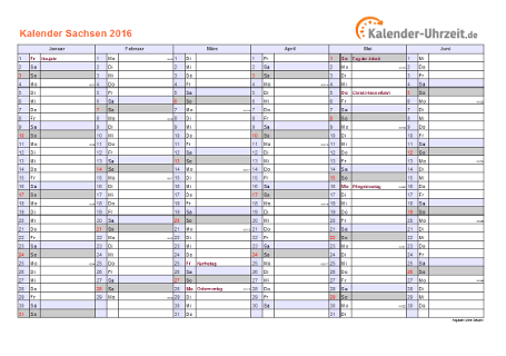 Sachsen Kalender 2016 mit Feiertagen - quer-zweiseitig