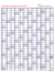 Sachsen-Anhalt Kalender 2016 mit Feiertagen - hoch-einseitig