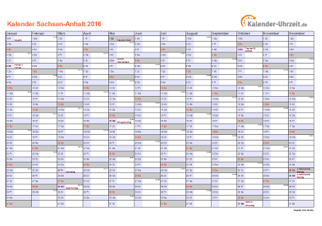 Sachsen-Anhalt Kalender 2016 mit Feiertagen - quer-einseitig