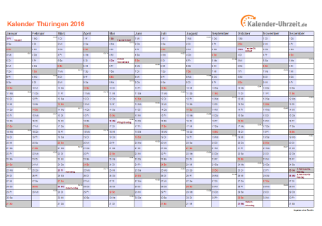 Thüringen Kalender 2016 mit Feiertagen - quer-einseitig