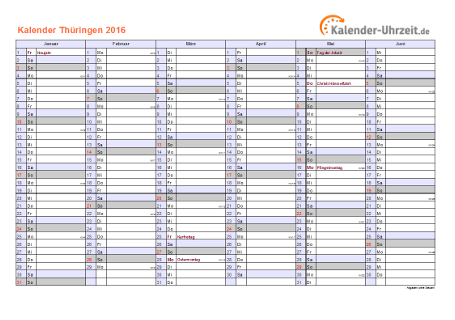 Thüringen Kalender 2016 mit Feiertagen - quer-zweiseitig