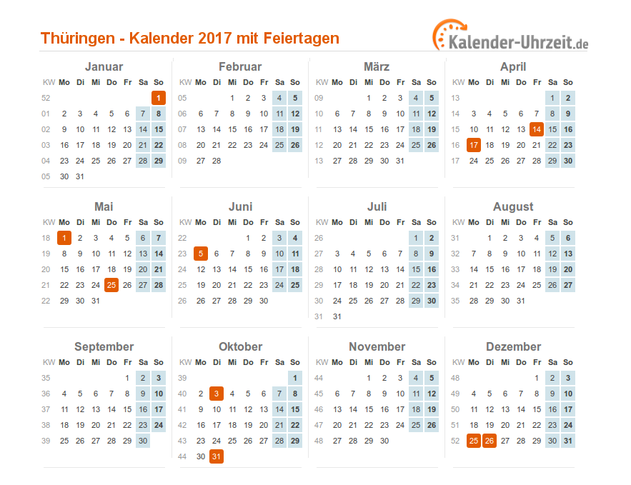 Feiertage 2017 Thüringen Kalender