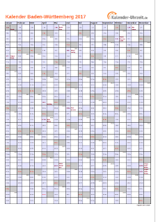 Baden-Württemberg Kalender 2017 mit Feiertagen - hoch-einseitig