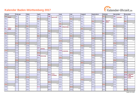 Baden-Württemberg Kalender 2017 mit Feiertagen - quer-einseitig