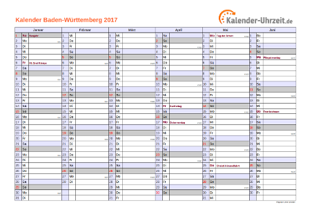 Baden-Württemberg Kalender 2017 mit Feiertagen - quer-zweiseitig
