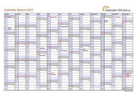 Bayern Kalender 2017 mit Feiertagen - quer-einseitig