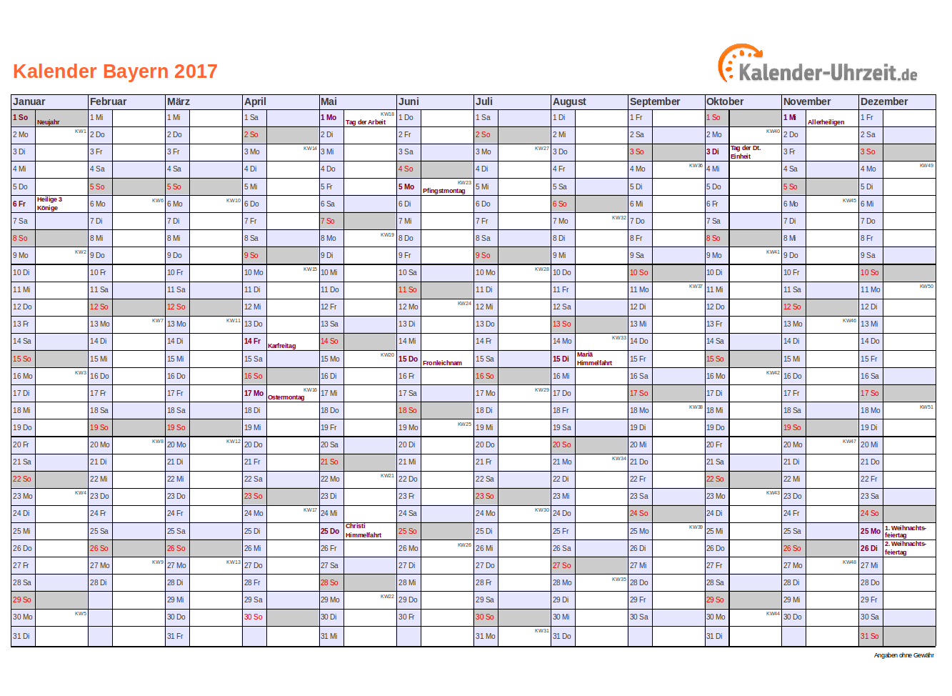 Feiertage 2017 Bayern + Kalender