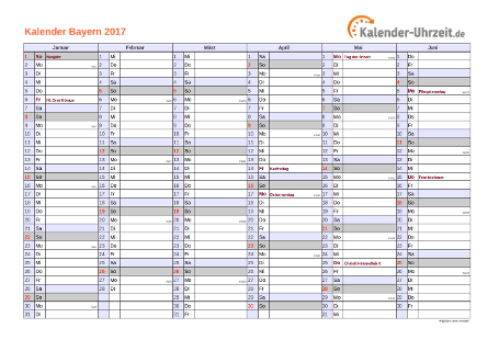 Bayern Kalender 2017 mit Feiertagen - quer-zweiseitig