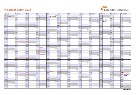 Berlin Kalender 2017 mit Feiertagen - quer-einseitig