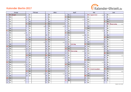 Berlin Kalender 2017 mit Feiertagen - quer-zweiseitig