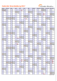 Brandenburg Kalender 2017 mit Feiertagen - hoch-einseitig