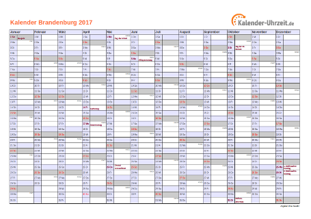 Brandenburg Kalender 2017 mit Feiertagen - quer-einseitig