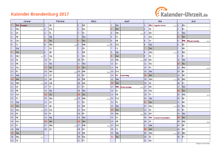 Brandenburg Kalender 2017 mit Feiertagen - quer-zweiseitig