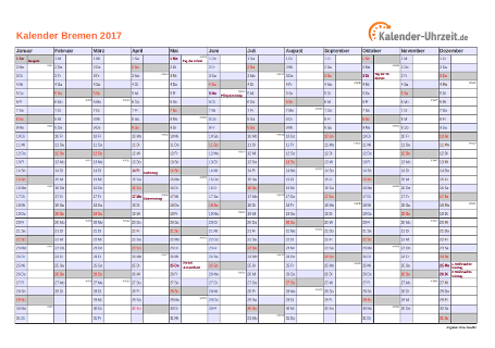 Bremen Kalender 2017 mit Feiertagen - quer-einseitig