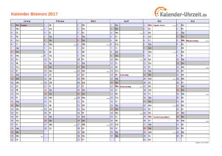 Bremen Kalender 2017 mit Feiertagen - quer-zweiseitig