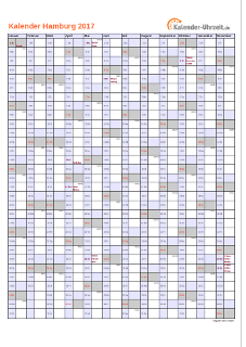 Hamburg Kalender 2017 mit Feiertagen - hoch-einseitig