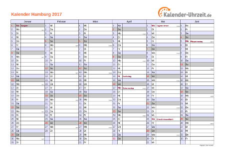 Hamburg Kalender 2017 mit Feiertagen - quer-zweiseitig