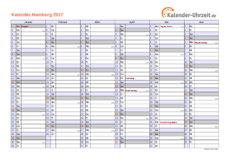 Hamburg Kalender 2017 - A4 quer-zweiseitig Hamburg Kalender 2017 mit Feiertagen - quer-zweiseitig