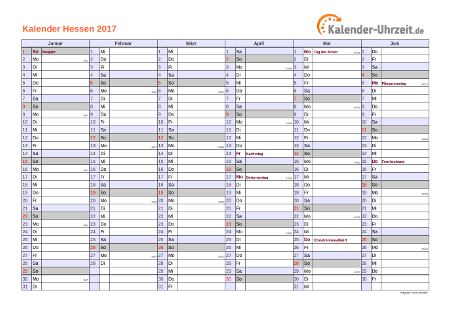 Hessen Kalender 2017 mit Feiertagen - quer-zweiseitig