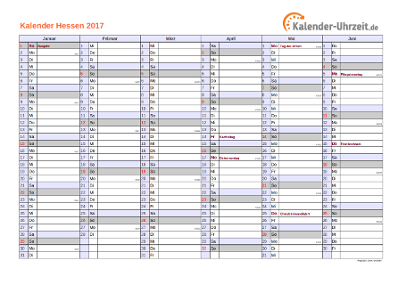 Hessen Kalender 2017 - A4 quer-zweiseitig Hessen Kalender 2017 mit Feiertagen - quer-zweiseitig