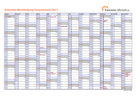 Meck.-Pomm. Kalender 2017 mit Feiertagen - quer-einseitig