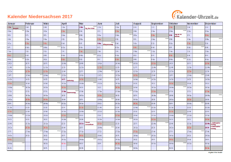 Niedersachsen Kalender 2017 mit Feiertagen - quer-einseitig