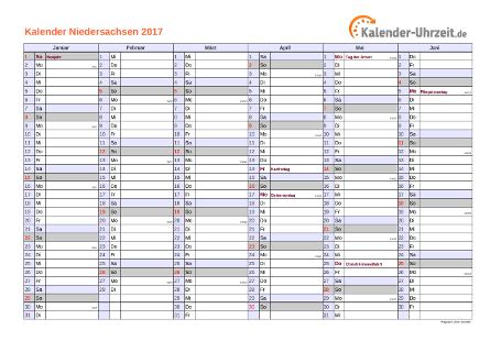 Niedersachsen Kalender 2017 mit Feiertagen - quer-zweiseitig