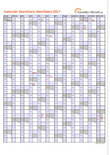 Nordrhein-Westfalen Kalender 2017 mit Feiertagen - hoch-einseitig