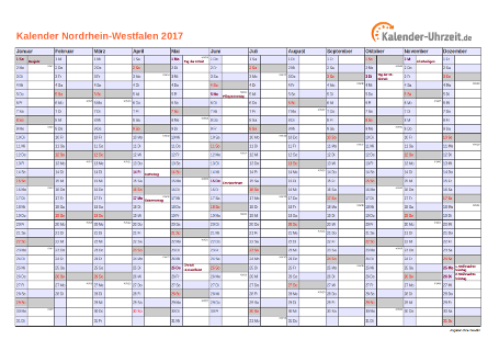 Nordrhein-Westfalen Kalender 2017 mit Feiertagen - quer-einseitig