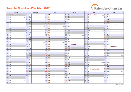 Nordrhein-Westfalen Kalender 2017 mit Feiertagen - quer-zweiseitig