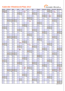 Rheinland-Pfalz Kalender 2017 mit Feiertagen - hoch-einseitig