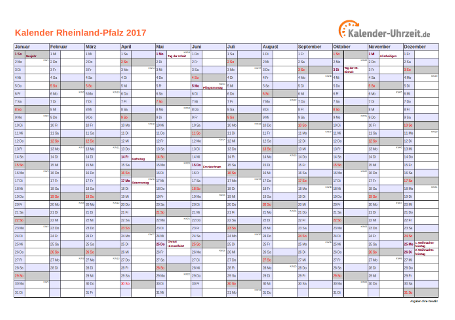 Rheinland-Pfalz Kalender 2017 mit Feiertagen - quer-einseitig