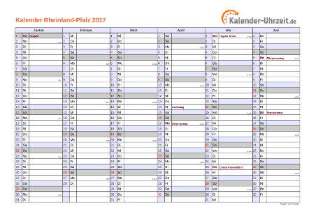 Rheinland-Pfalz Kalender 2017 mit Feiertagen - quer-zweiseitig