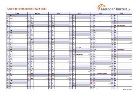 Rheinland-Pfalz Kalender 2017 - A4 quer-zweiseitig Rheinland-Pfalz Kalender 2017 mit Feiertagen - quer-zweiseitig