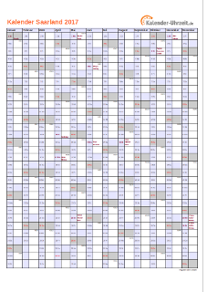 Saarland Kalender 2017 mit Feiertagen - hoch-einseitig