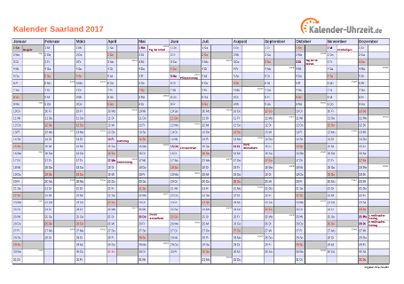 Saarland Kalender 2017 mit Feiertagen - quer-einseitig