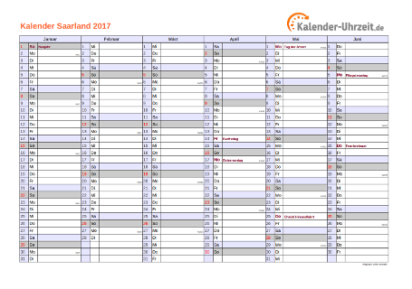 Saarland Kalender 2017 mit Feiertagen - quer-zweiseitig