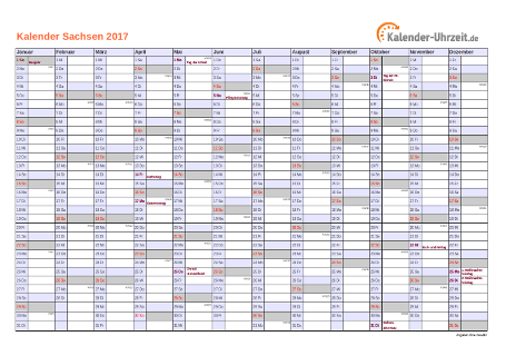Sachsen Kalender 2017 mit Feiertagen - quer-einseitig