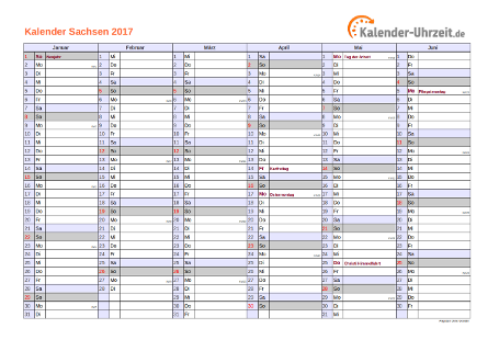 Sachsen Kalender 2017 mit Feiertagen - quer-zweiseitig